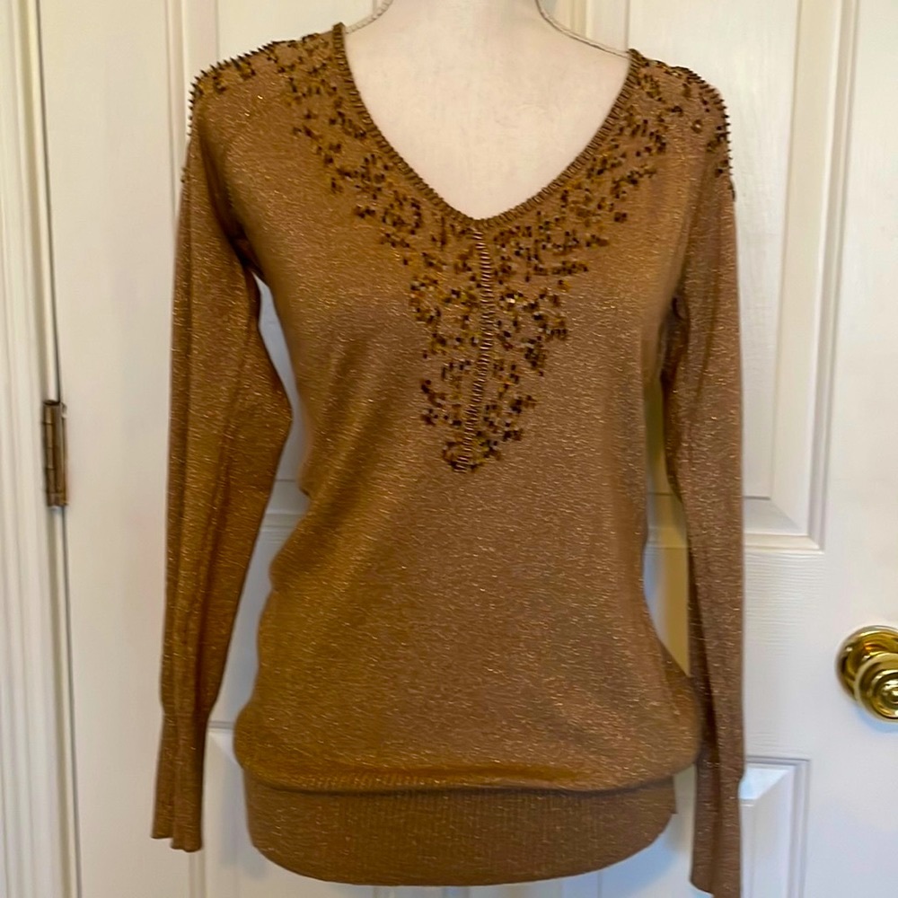 NWOT Caché Vintage Gold Metallic Cold Shoulder Embellished Sweater